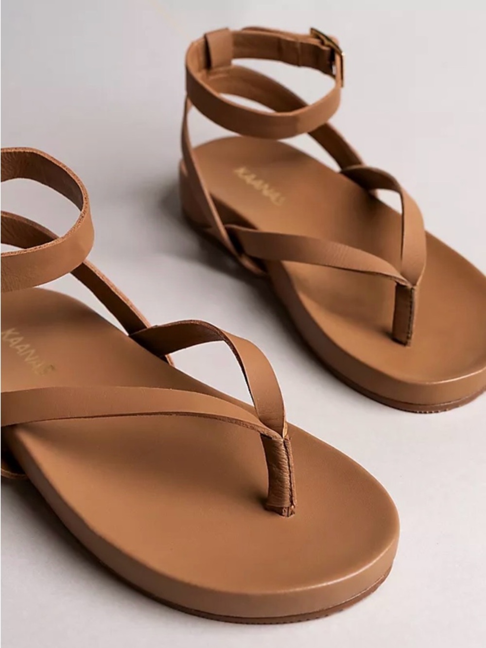 Kaanas Tan Leather-Look Strappy Ankle Wrap Sandals